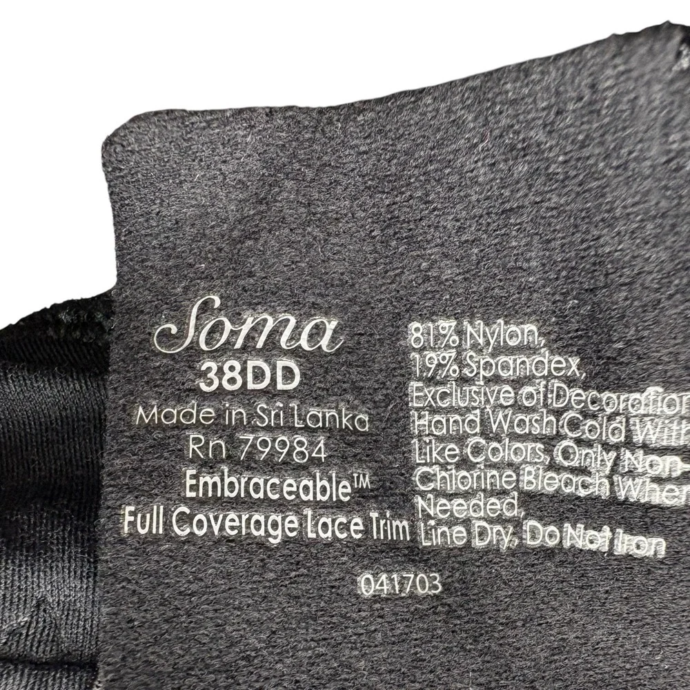 Soma Womens Bra 38DD Black Embraceable Full Coverage Lace Trim Underwire